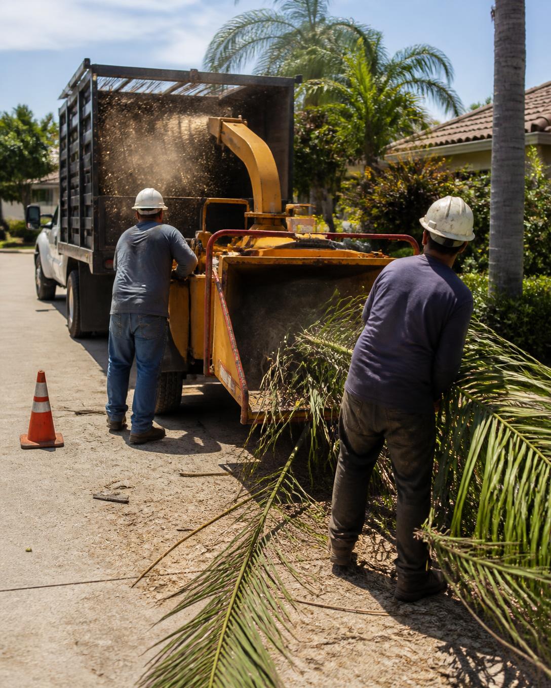 The Tree Bros crew feeding cut limbs into a chipper on a San Diego job